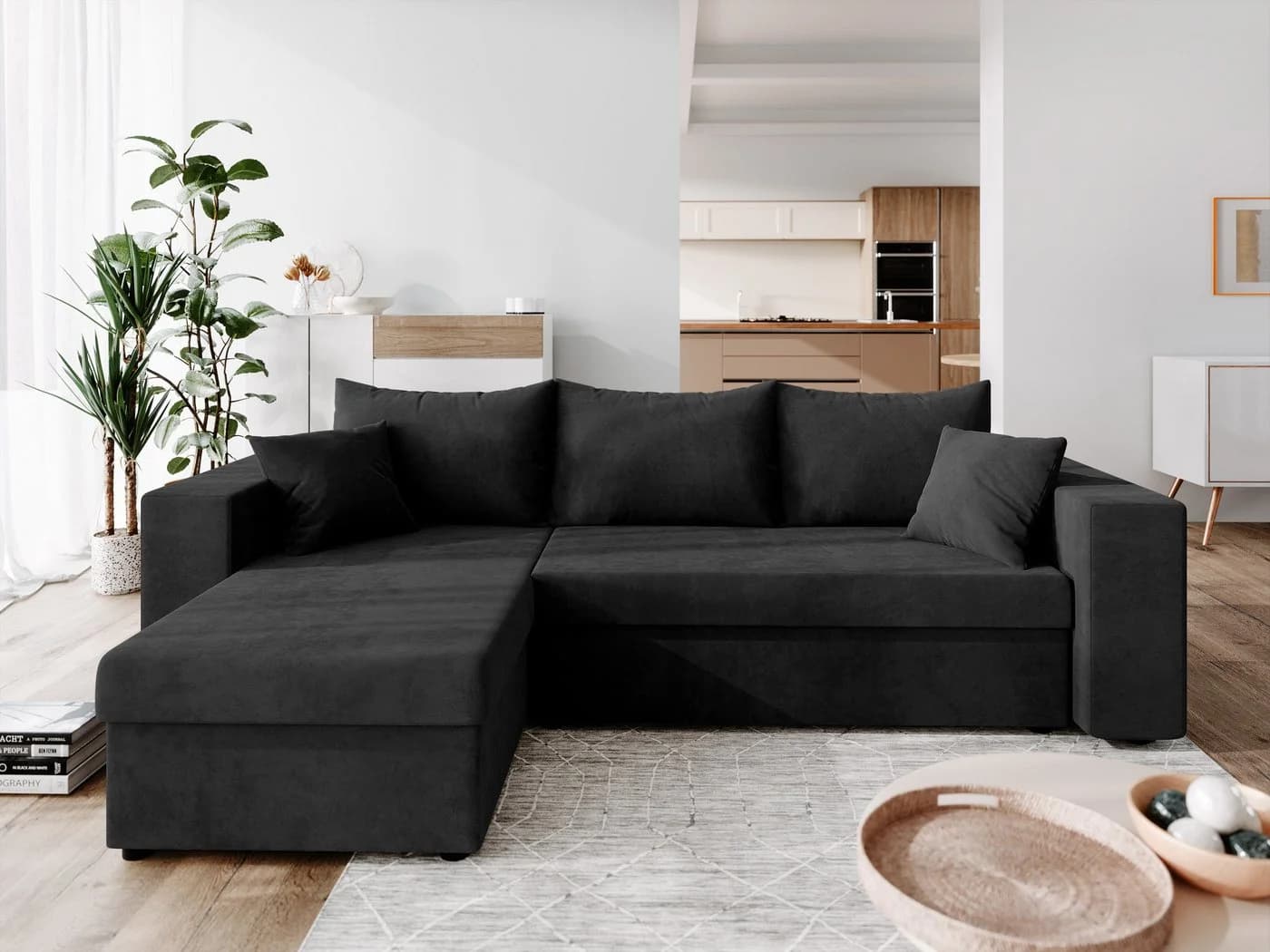NACANAPA Ecksofa DOMINO Schwarz mit Schlaffunktion und Bettkasten