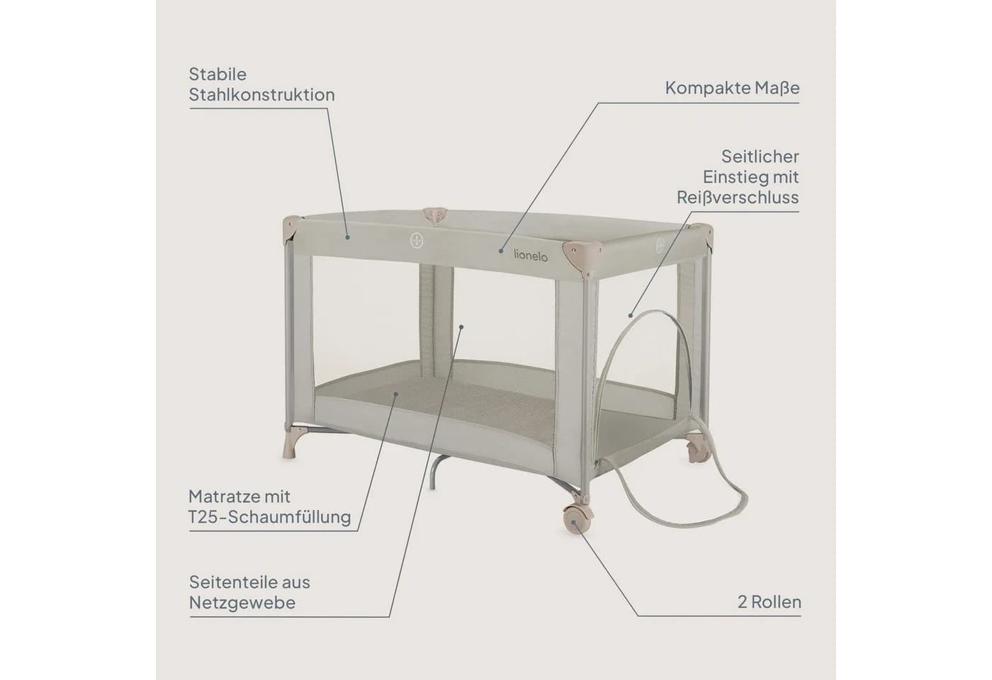 Lionelo Reisebett Amelie Kompakt/Leicht/2cmMatratze/Seiteneingang/Netzseiten