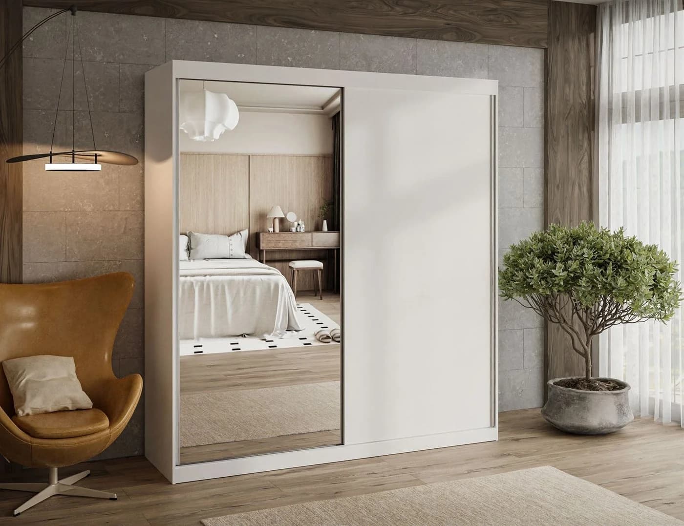 Lookway Kleiderschrank BASTER II mit Spiegel Schiebetüren Weiß
