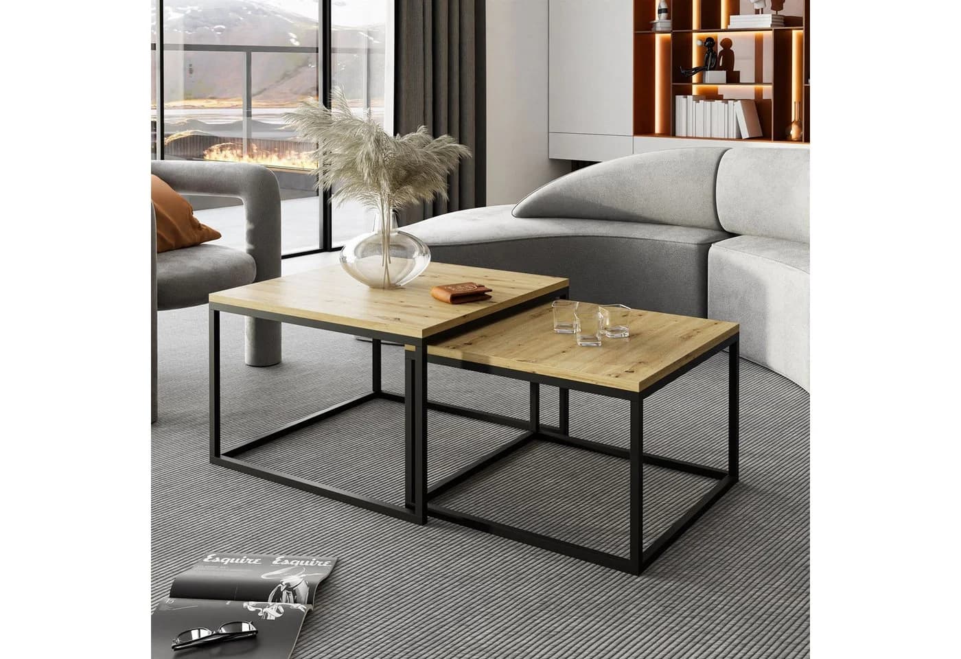 Lookway Yoshi 2in1 Couchtisch Set 70x60 cm Eicheroptik Schwarz