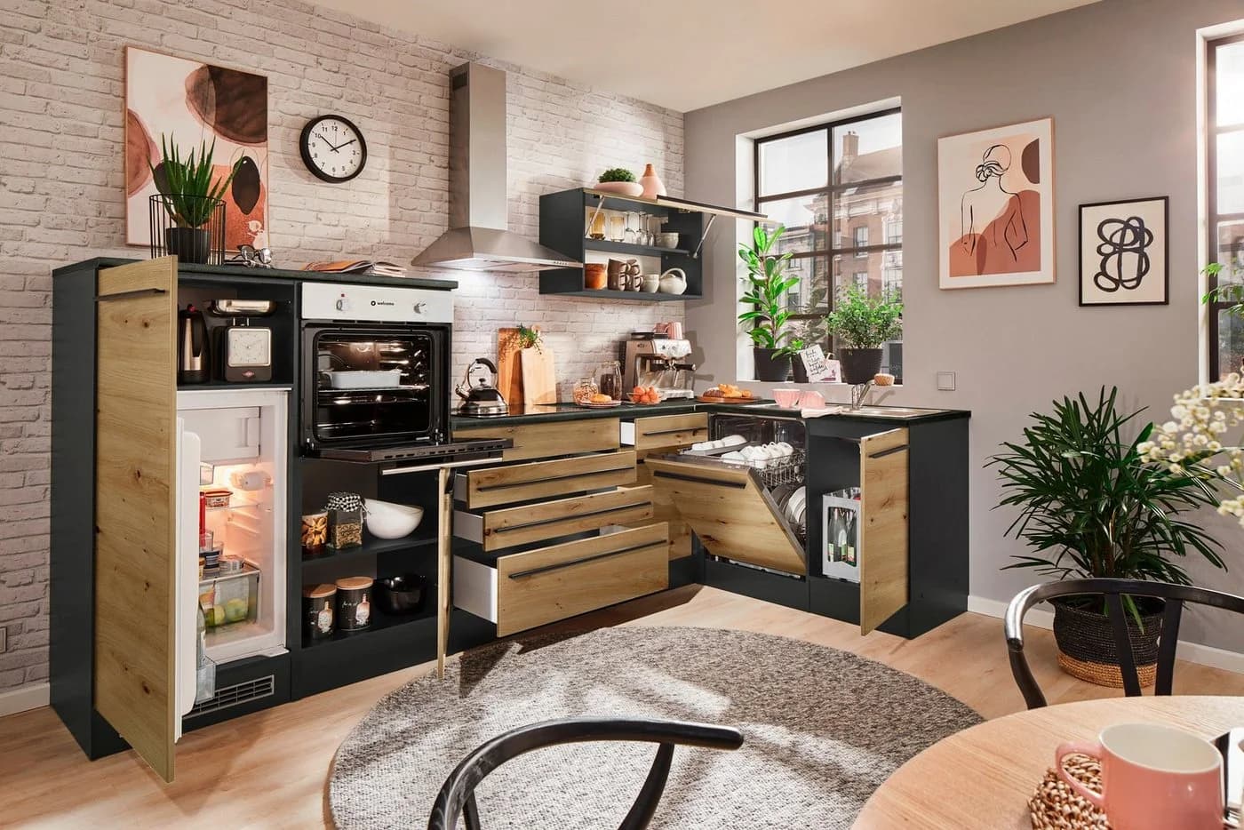 BASIC by Balculina Winkelküche Jazz Anthrazit/Braun mit E-Geräten