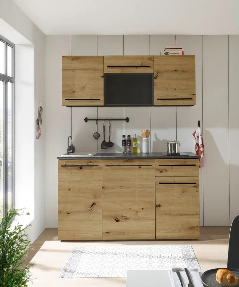 BASIC by Balculina Jazz Singleküche mit E-Geräten Anthrazit Eiche Artisan