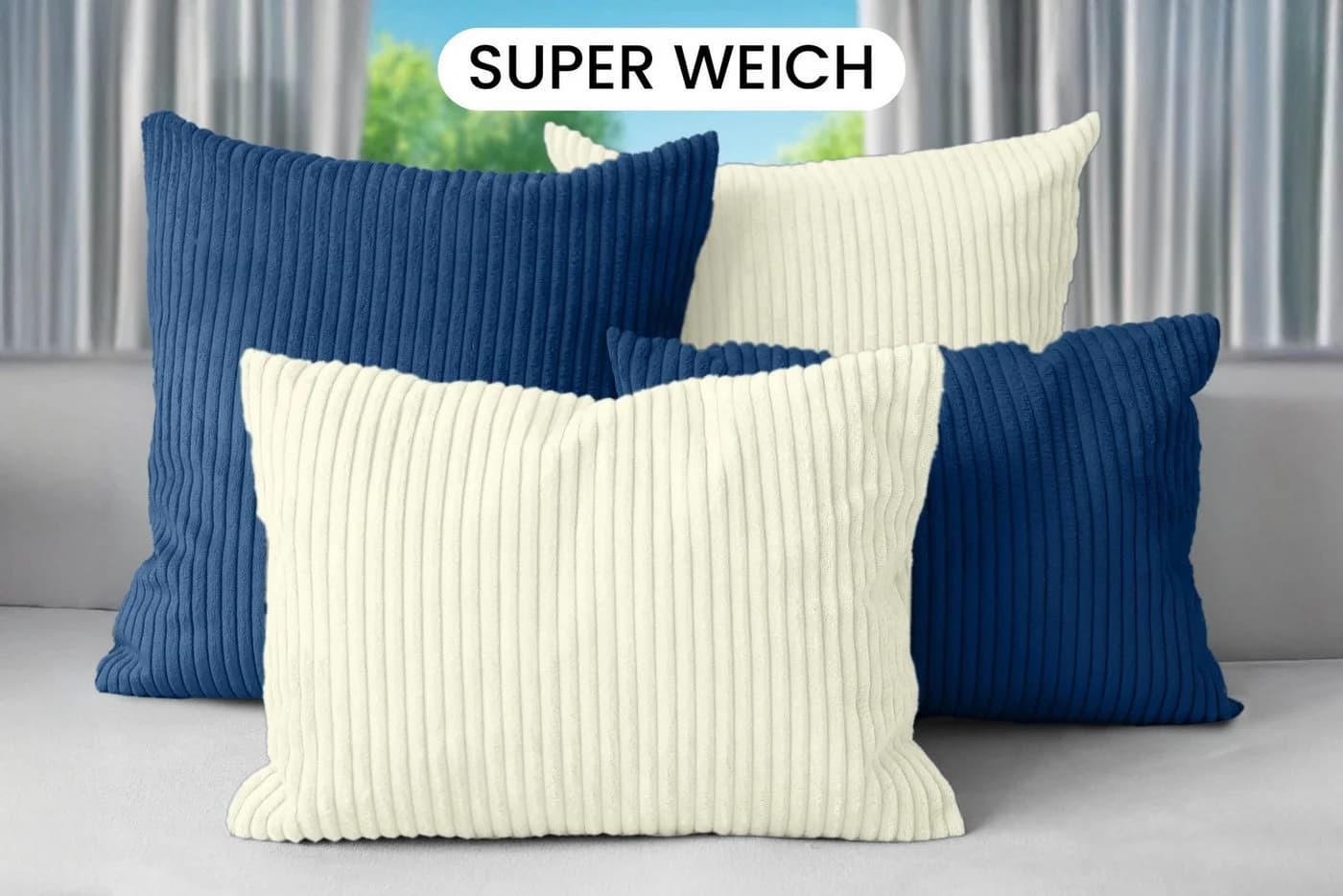 Amilian Dekokissen 4er Set Blau Cord-Optik mit Füllung
