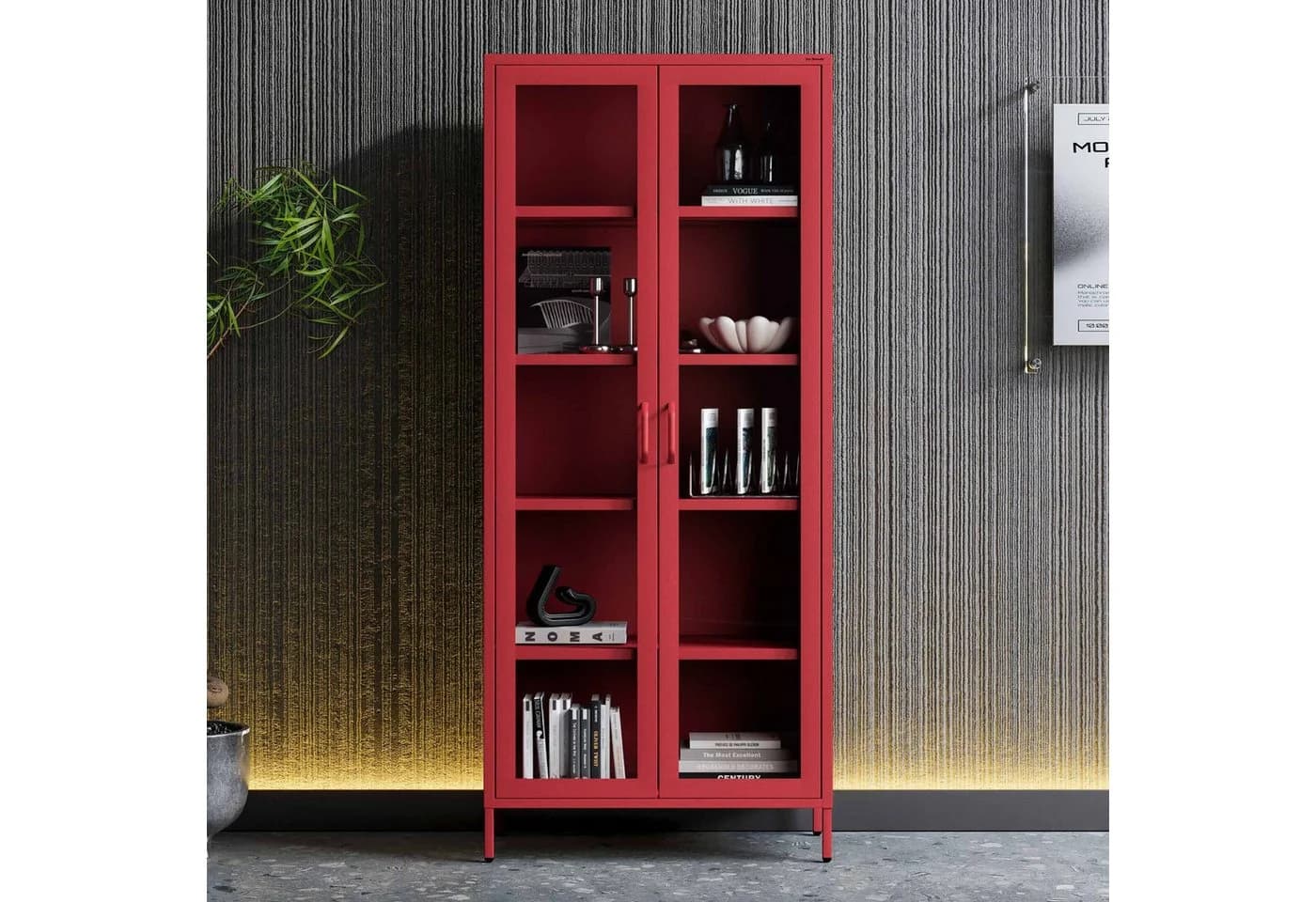 Jan Nowak Vitrine ANGELO Glas Metall Stahl Rot 80x185x45cm 4 Regale