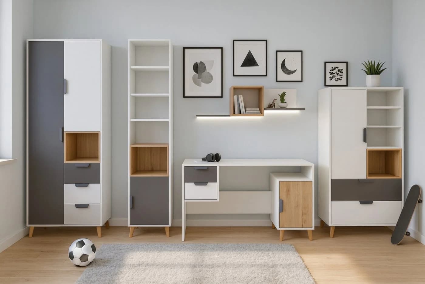Jugendzimmer-Set JUSTIN A - 5-tlg. Weiß/Graphit/Grau/Eiche