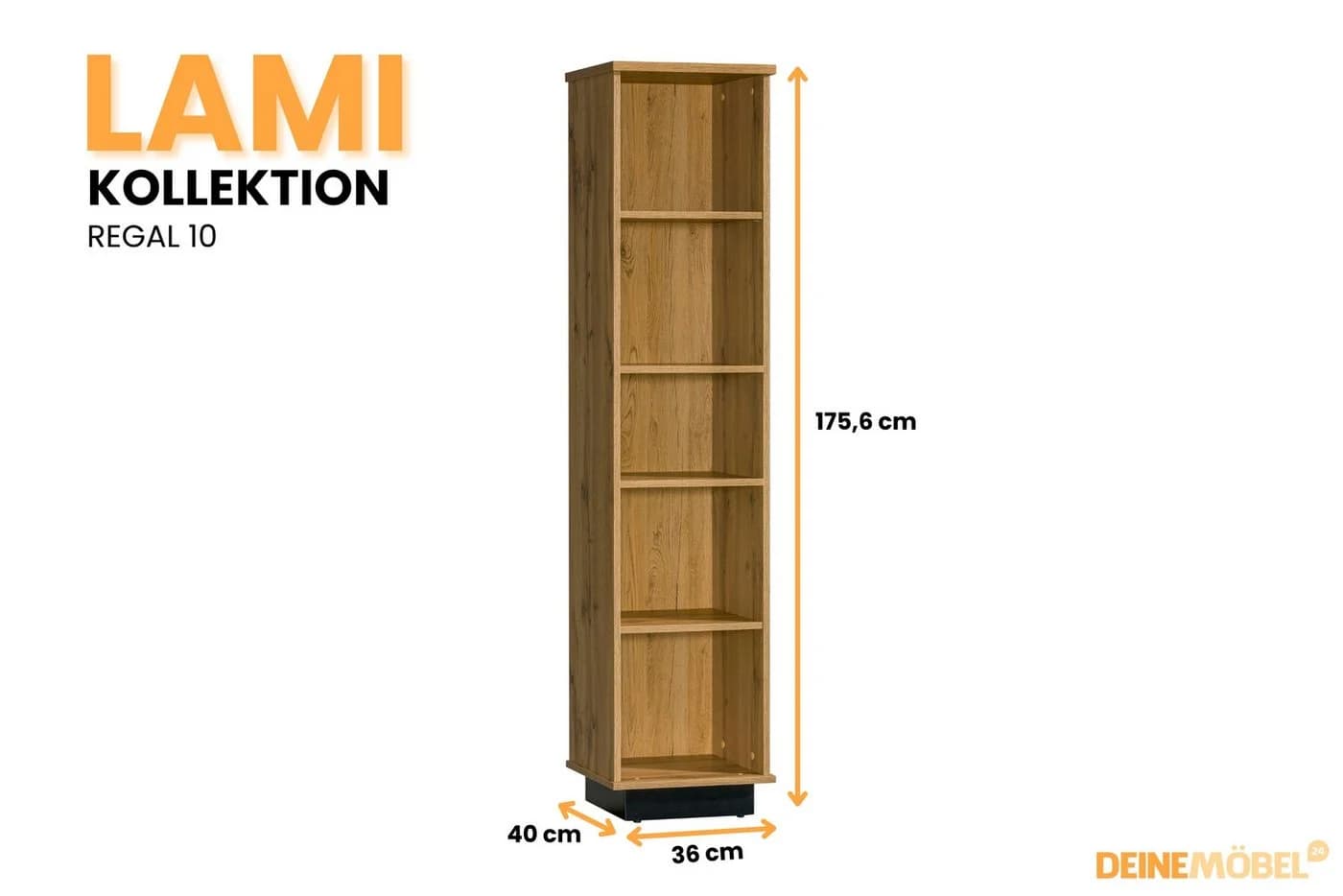 Deine Möbel 24 Bücherregal LAMI 10 175 cm 4 Einlegeböden Wotan Eiche Schwarz Matt