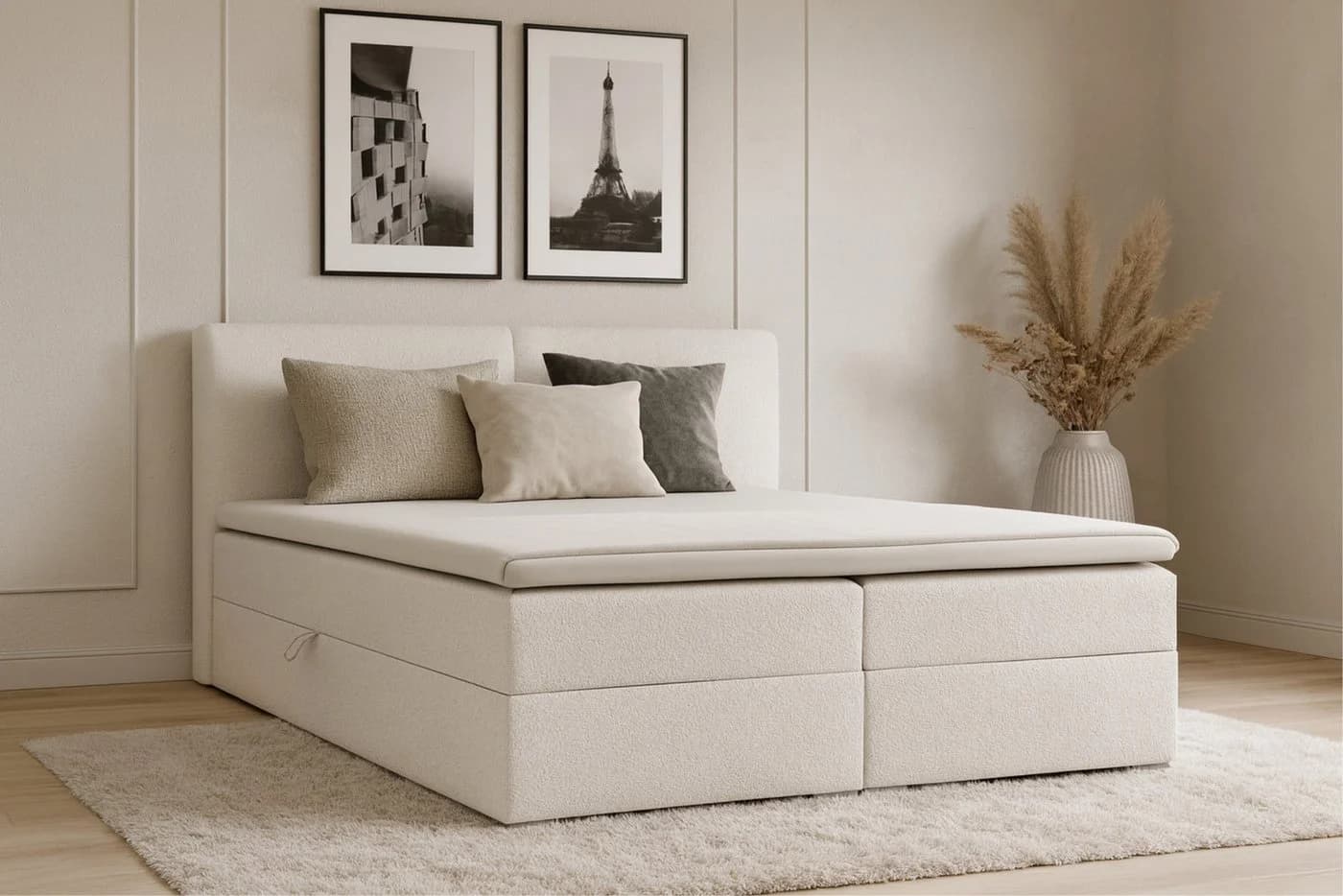 Deine Möbel 24 Boxspringbett LINA Polsterbett Kompletbett Matratzen H3 / H4 Bouclé-Bezug