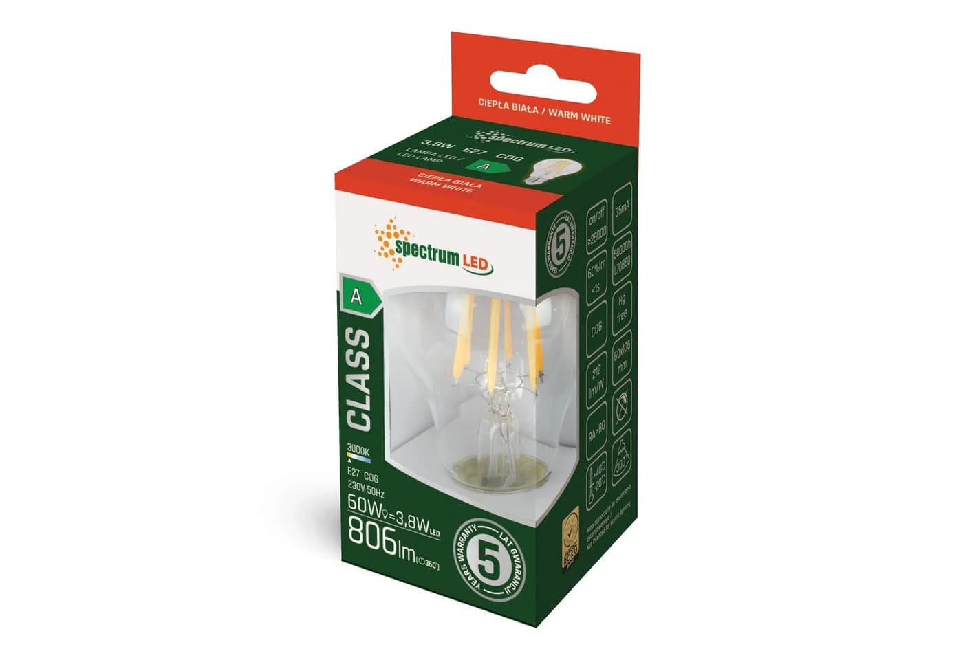 Spectrum LED E27 A60 Birne 3,8W = 60W Filament Klar 806lm 300° 230V Warm 3000K