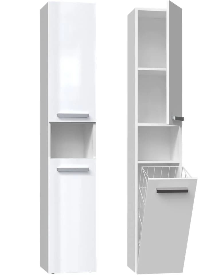 ibonto Hochschrank Badezimmerschrank NEL Weiß Modern mit Wäschekorb