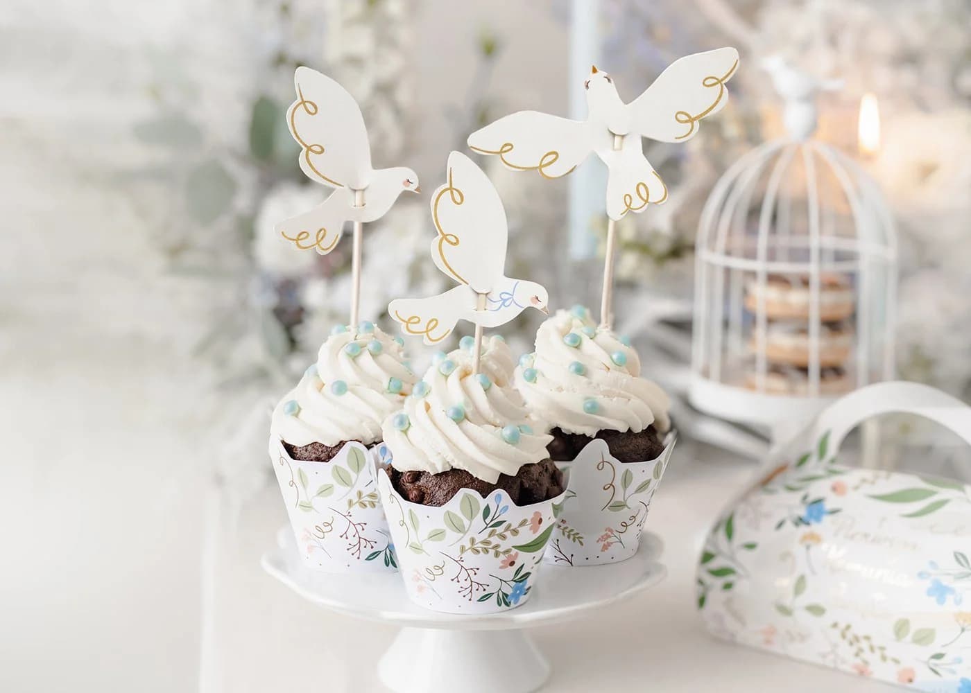 partydeco Cake Topper Tauben 6er Set Weiß Gold