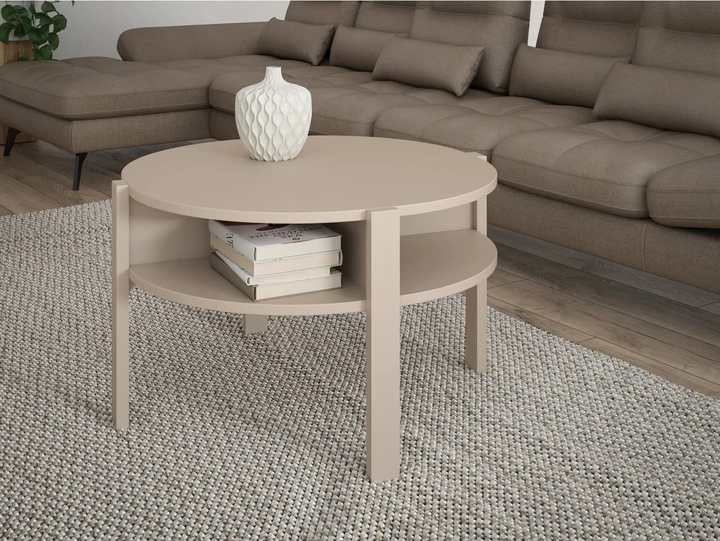 FORTE Beistelltisch Tobago Beige Rund mit 4 Ablagefächern