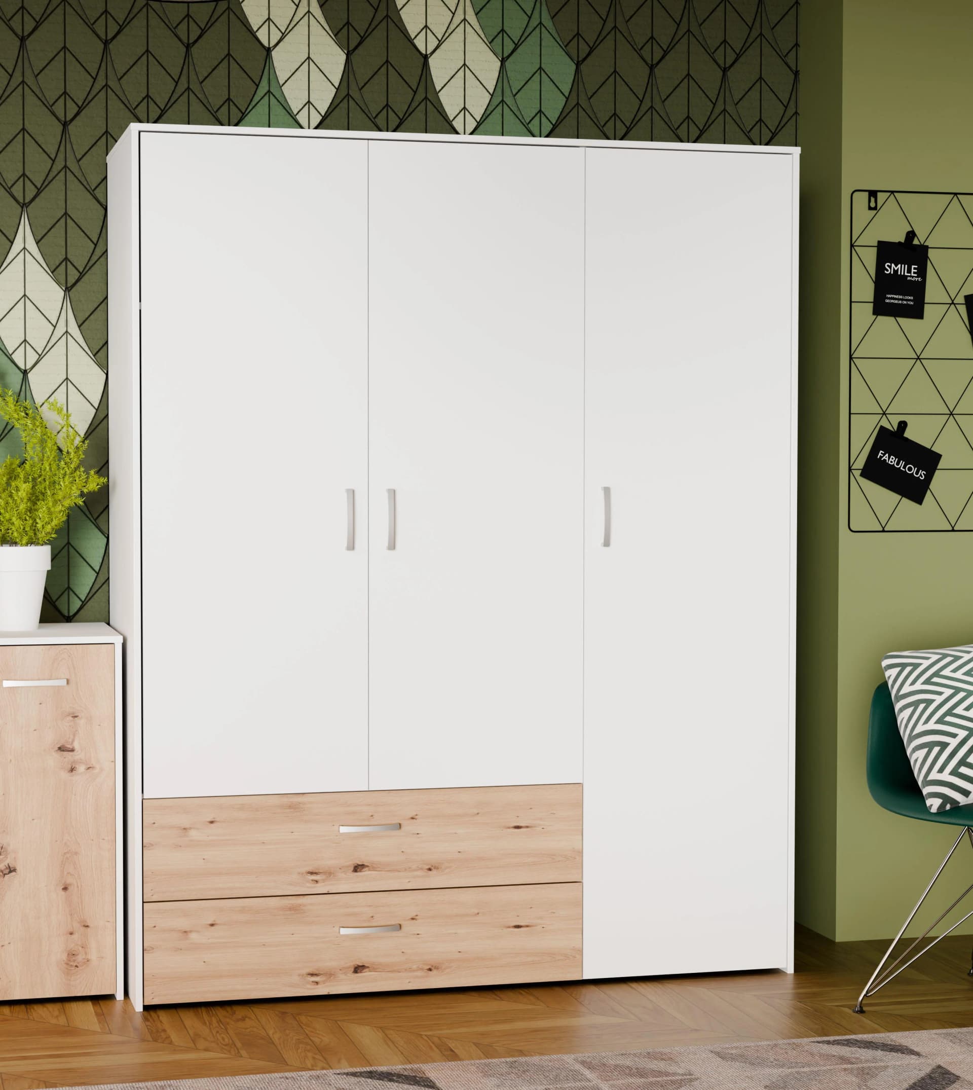 FORTE Kleiderschrank Culgoa Weiß Artisan Eiche mit 2 Schubkästen
