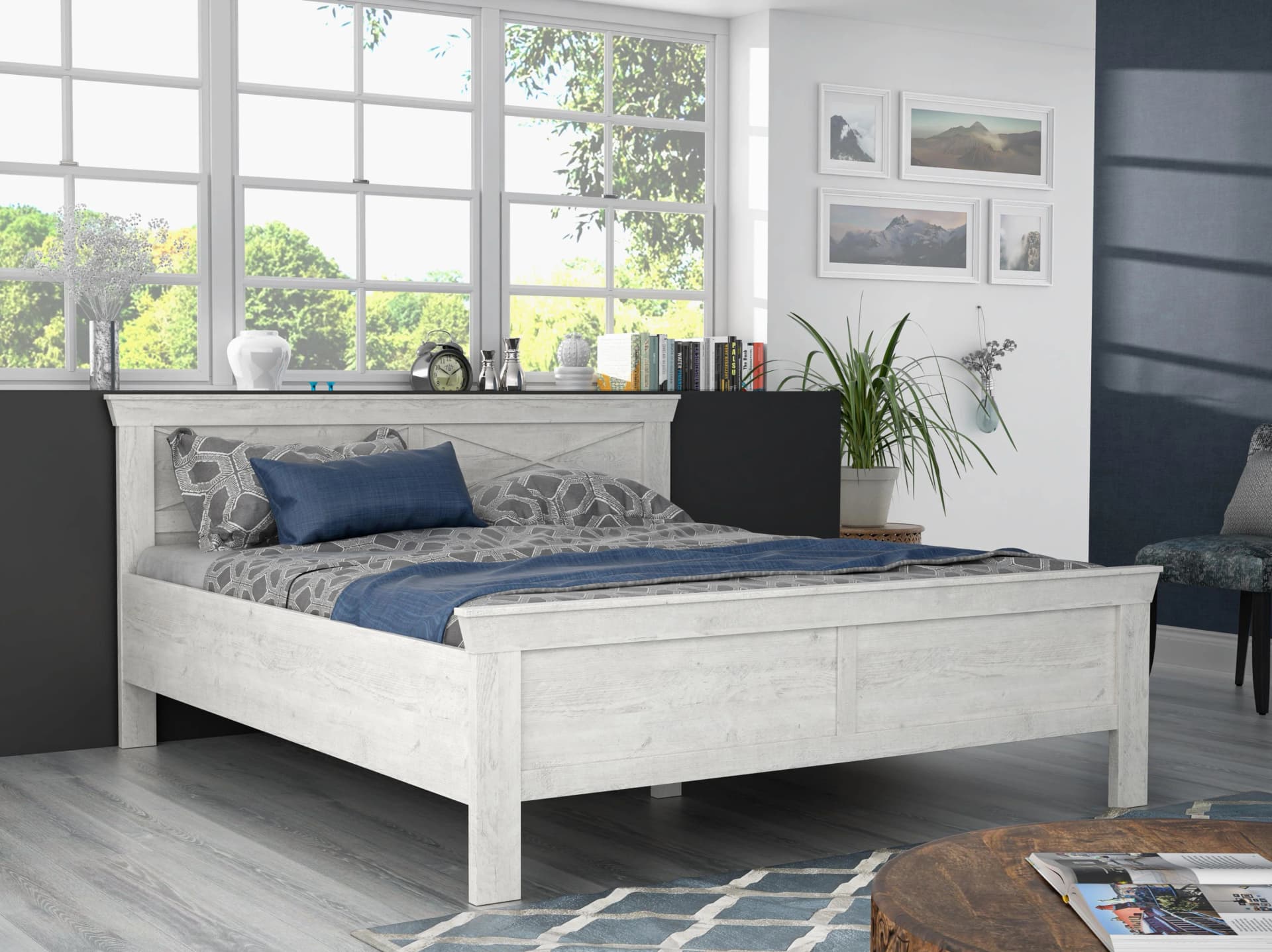 FORTE Bett KASHMIR Landhausstil Weiß Pinie Dekoratives Kopfteil