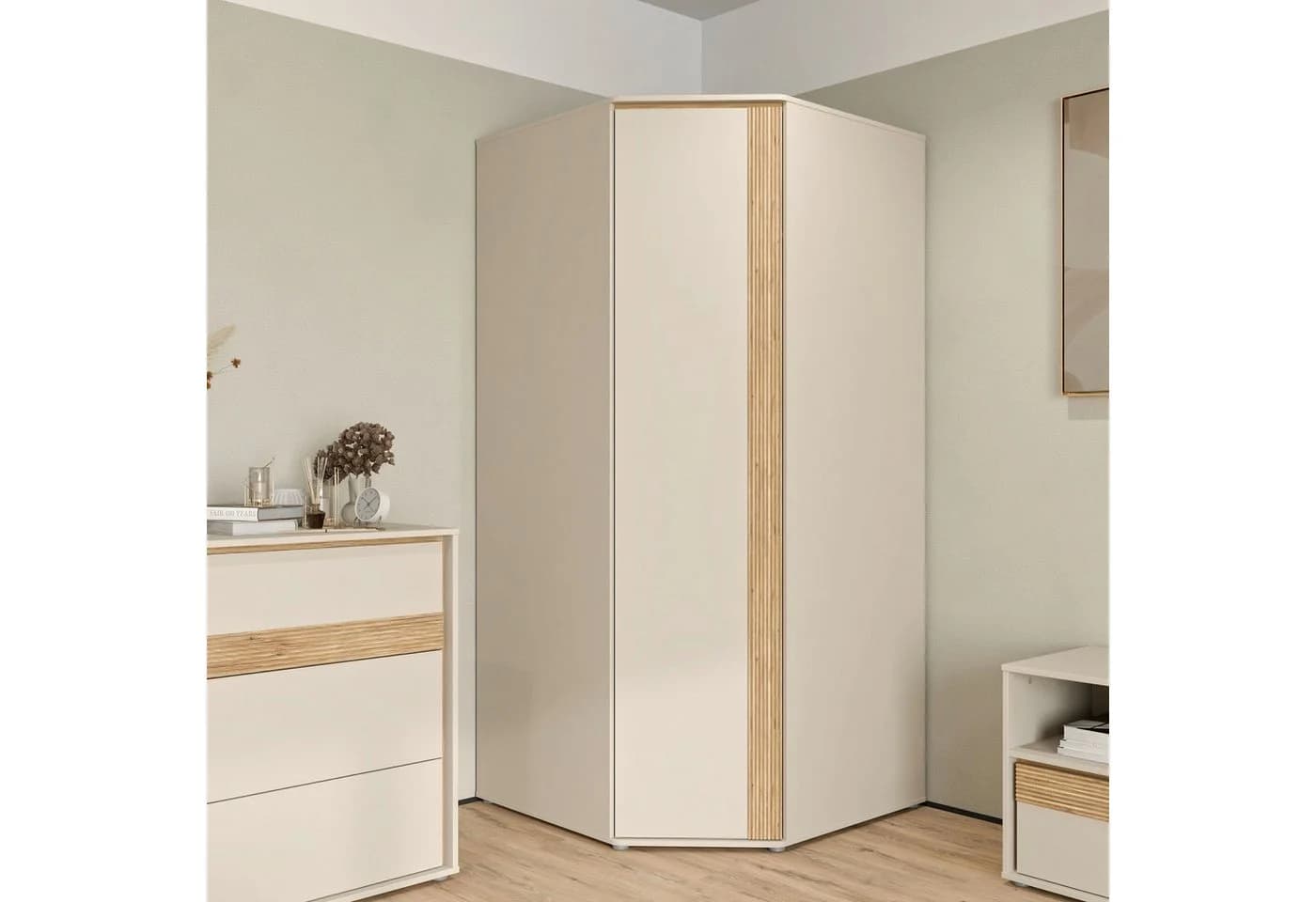 Eckkleiderschrank FORTE Sand/Mauvella Eiche Push-to-open