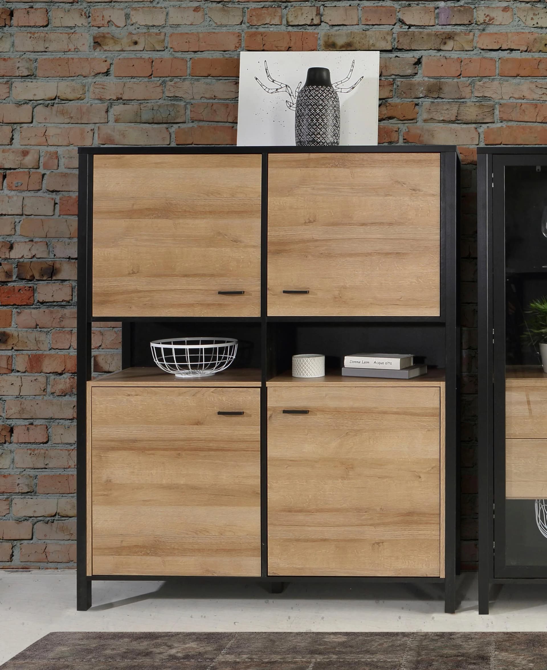 FORTE Highboard High Rock Schwarz mit 8 Fächern