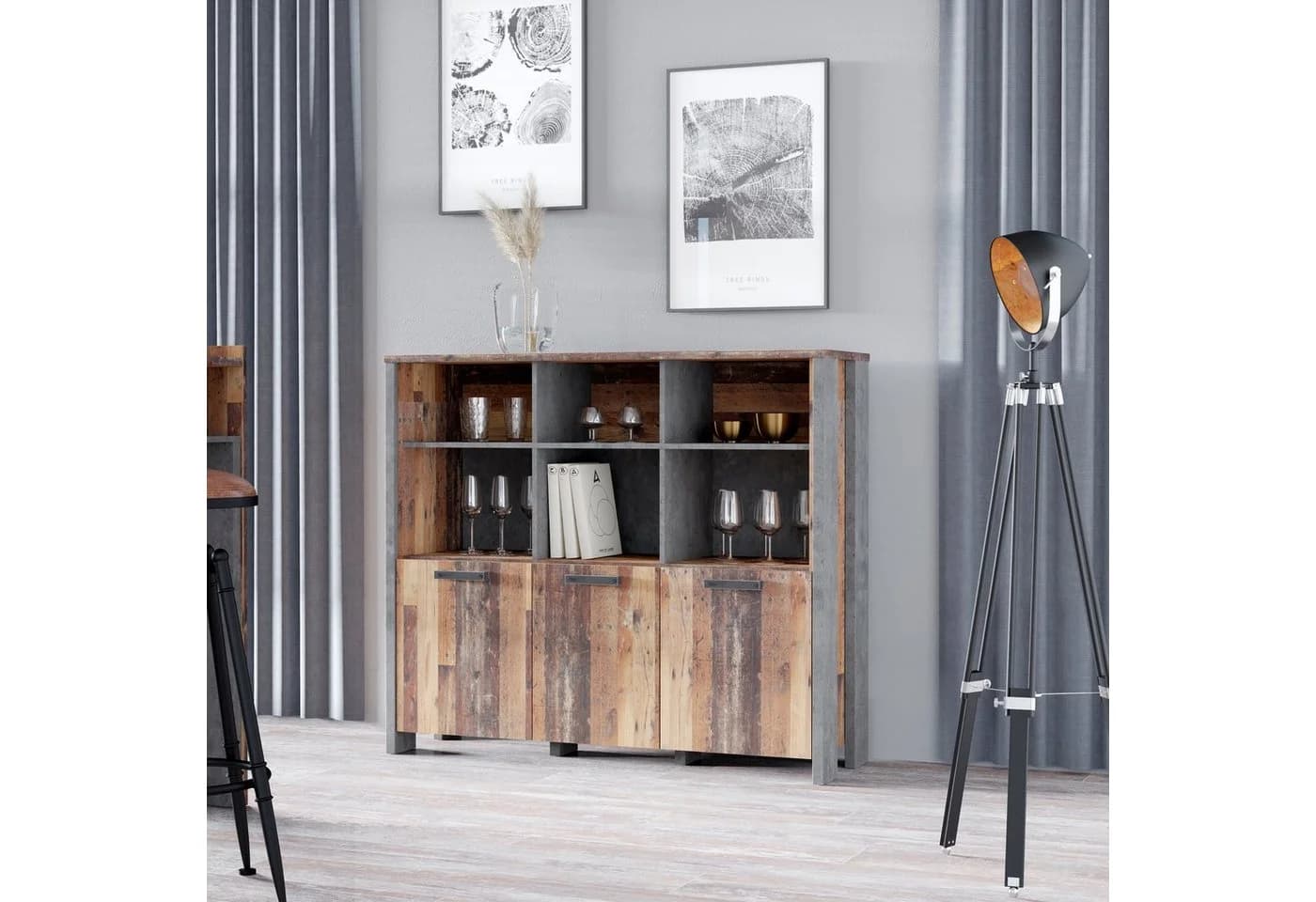 FORTE Highboard Clif Old Wood Vintage Betonoptik Dunkel Grau