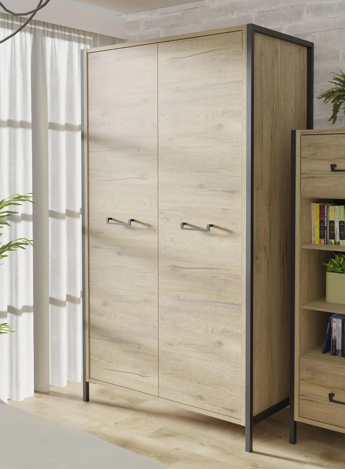 FORTE Kleiderschrank Bartex Eiche Schwarz mit 5 Böden und 2 Stangen