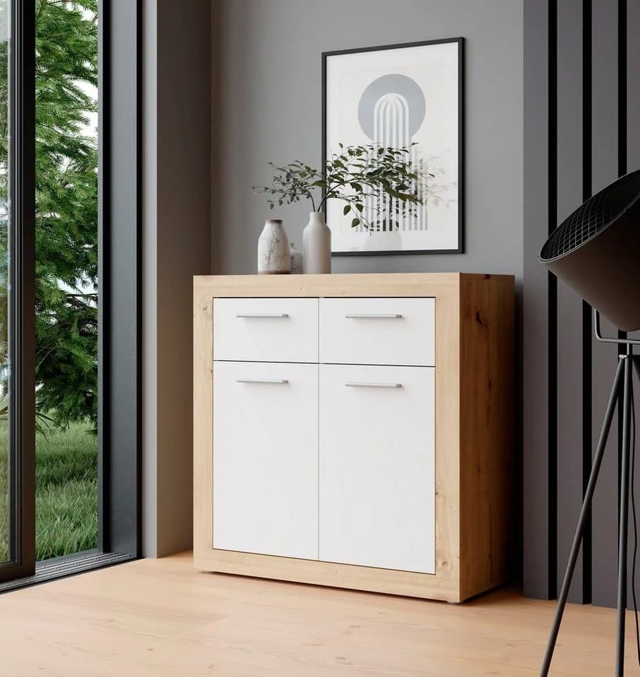 FORTE Kommode Baccio Weiß Artisan Eiche mit 2 Schubkästen