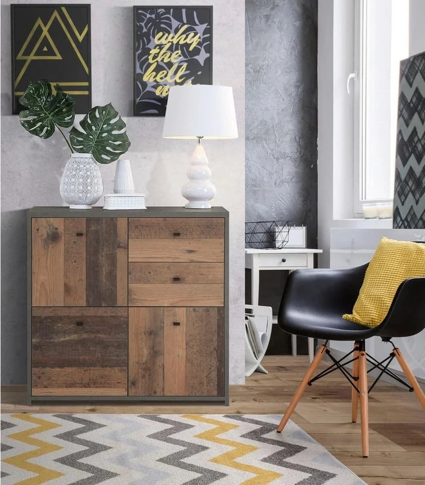 FORTE Kommode Chest Grau Betonoptik Vintage 77cm