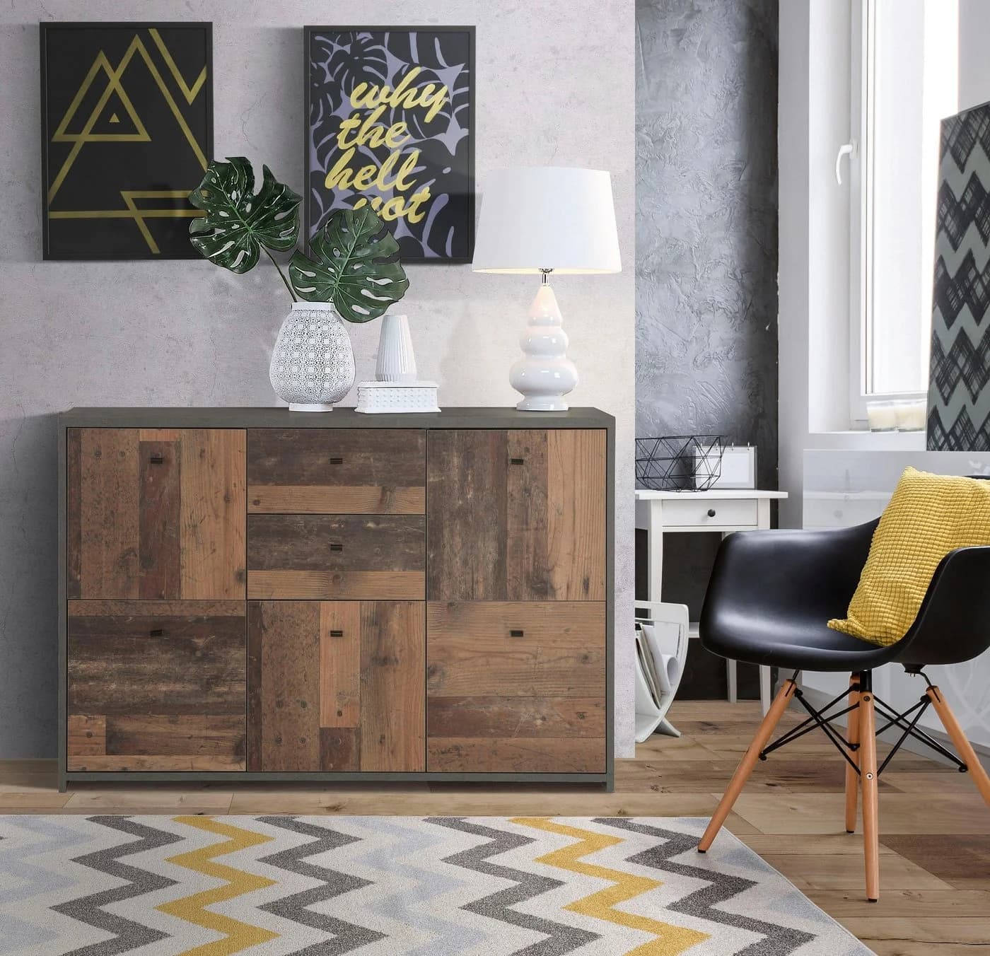 FORTE Kommode CHEST Grau Betonoptik mit Vintage-Türen