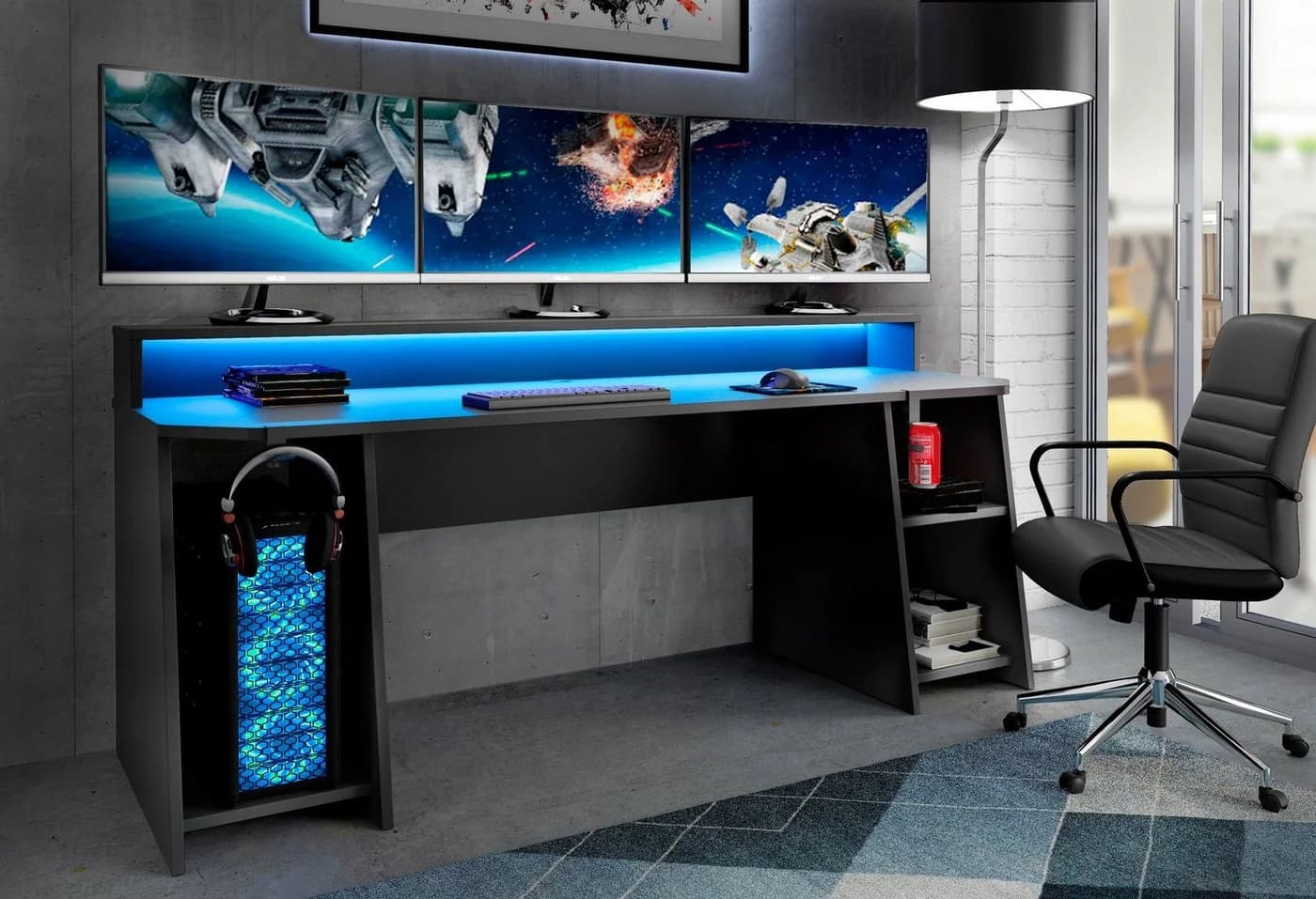 FORTE Gamingtisch Tezaur Schwarz mit RGB-Beleuchtung und Halterungen