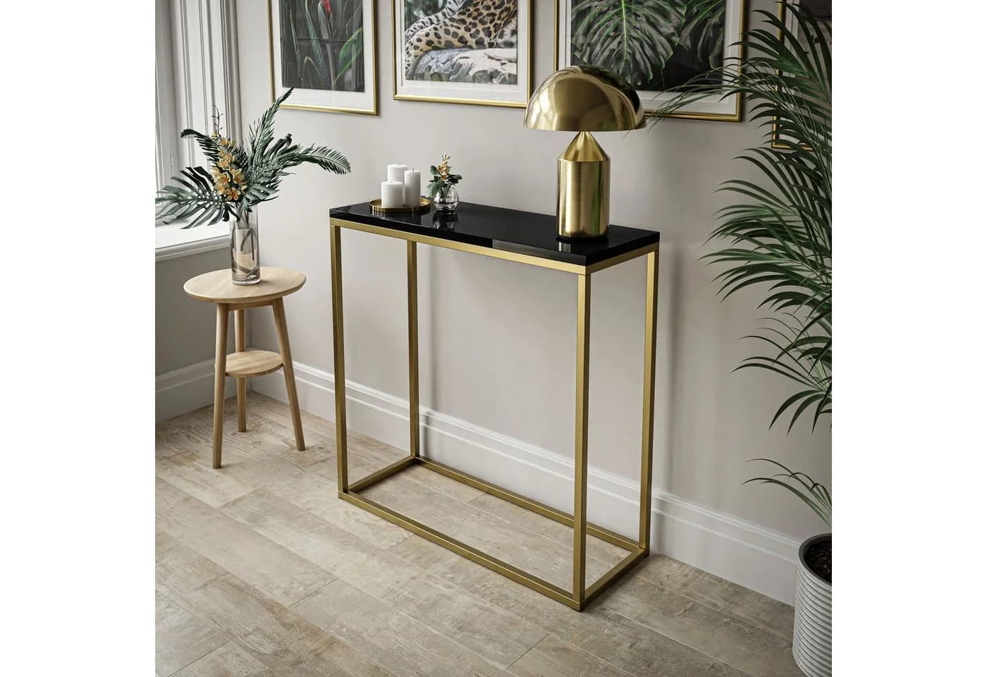 Lookway Konsolentisch MODERN Schwarz Hochglanz mit goldfarbenem Gestell