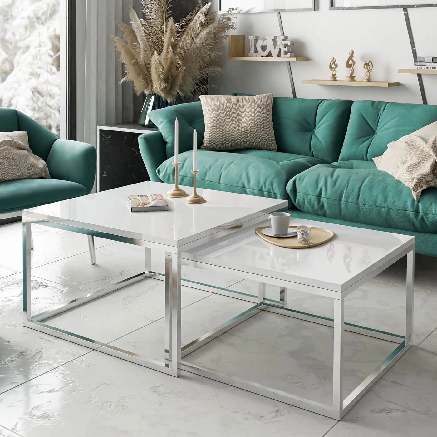 Lookway Couchtisch Yoshi 2in1 Hochglanz mit Chromuntergestell