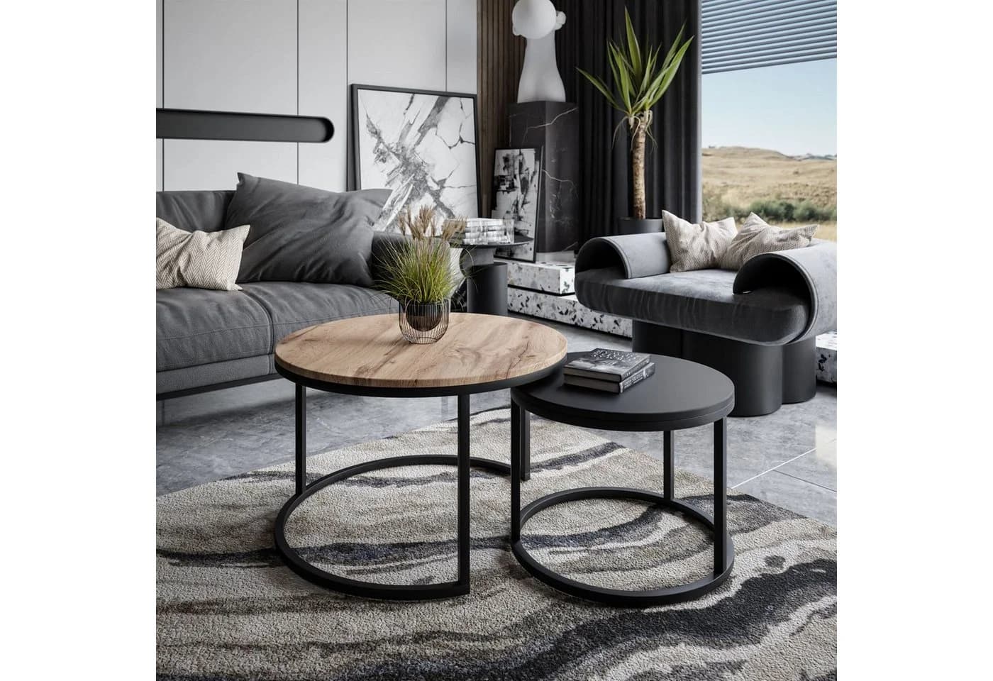 Lookway CIRI MIX 2in1 Couchtisch-Set Rund Wotan Eiche/Schwarz