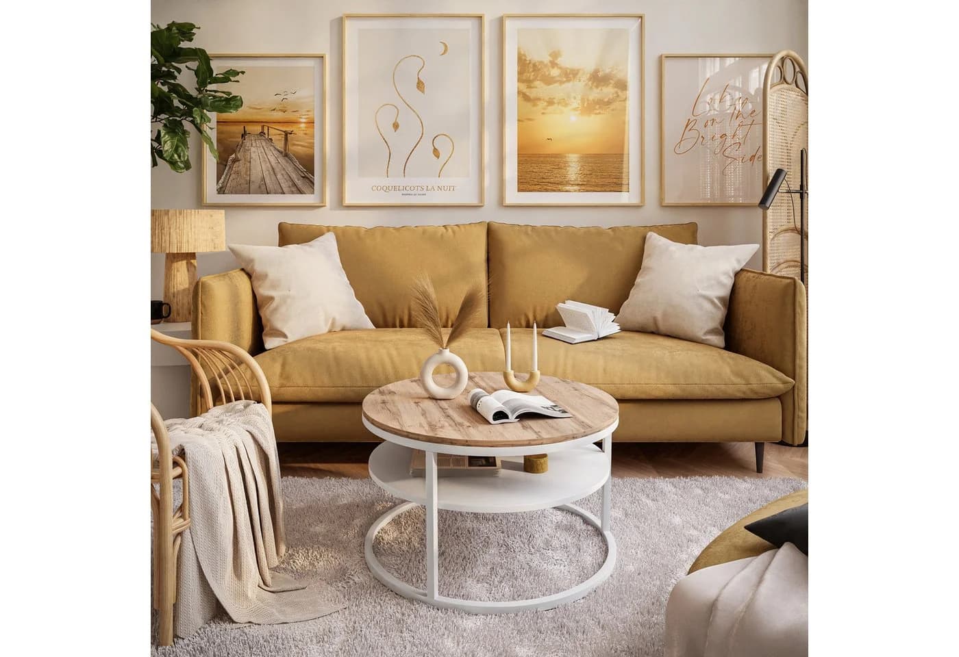 Lookway Couchtisch CIRI LOFT mit Ablage Rund Braun/Weiß
