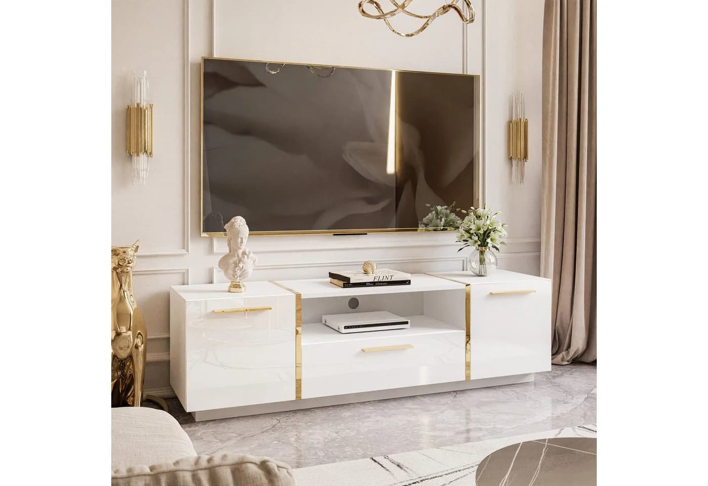 Lookway Lowboard TV ONYX Hochglanz Weiß mit goldenen Griffen