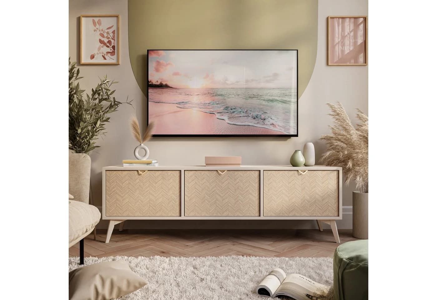 Lookway Lowboard ALOE Beige mit Fischgrätmuster