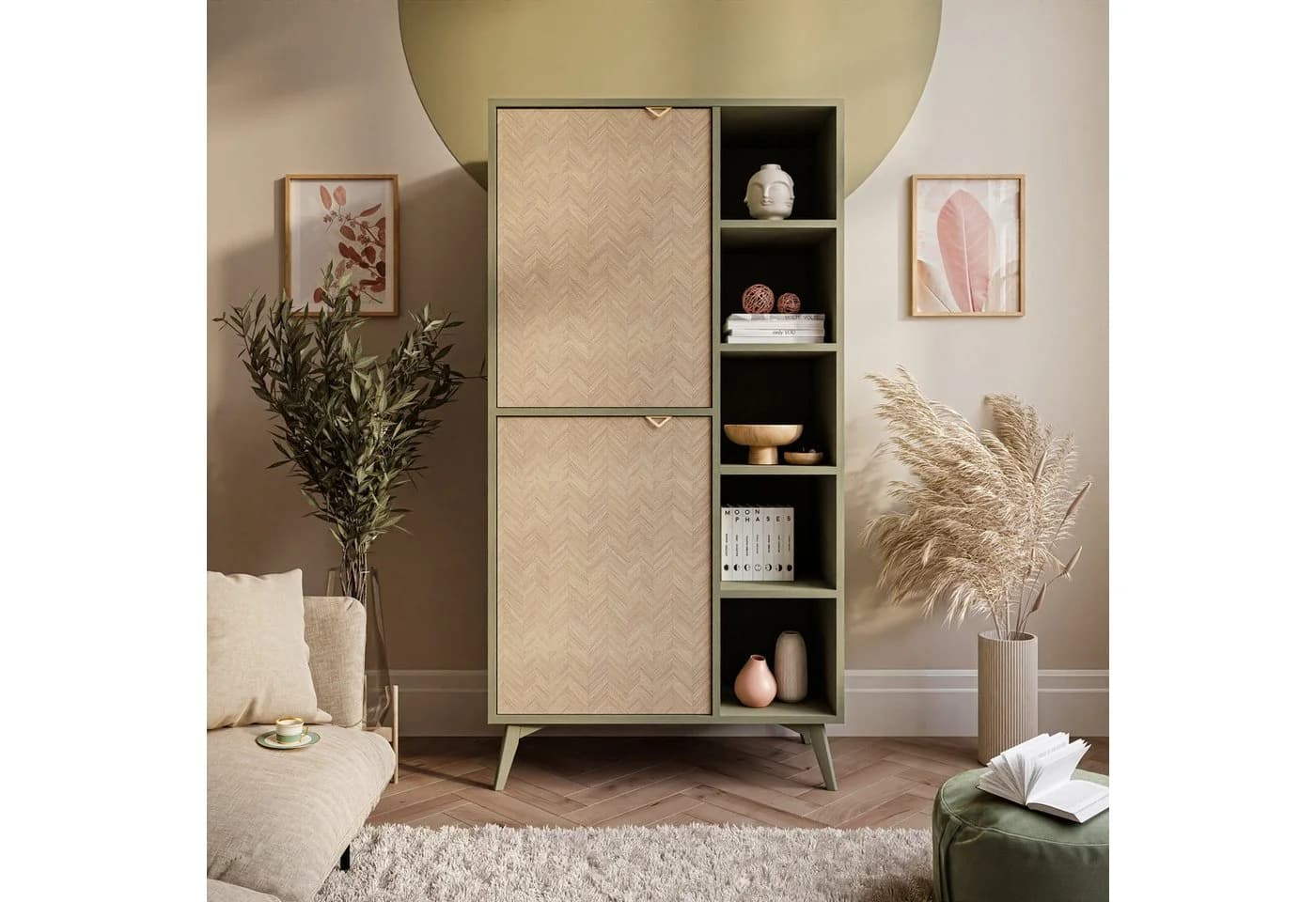 Lookway Standregal ALOE RG80 mit Türen Grün Gold Fischgrätmuster