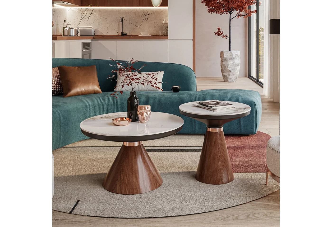 Lookway Couchtisch Giselle II 2-in-1 Set Hochglanz-Marmor Nussbaum