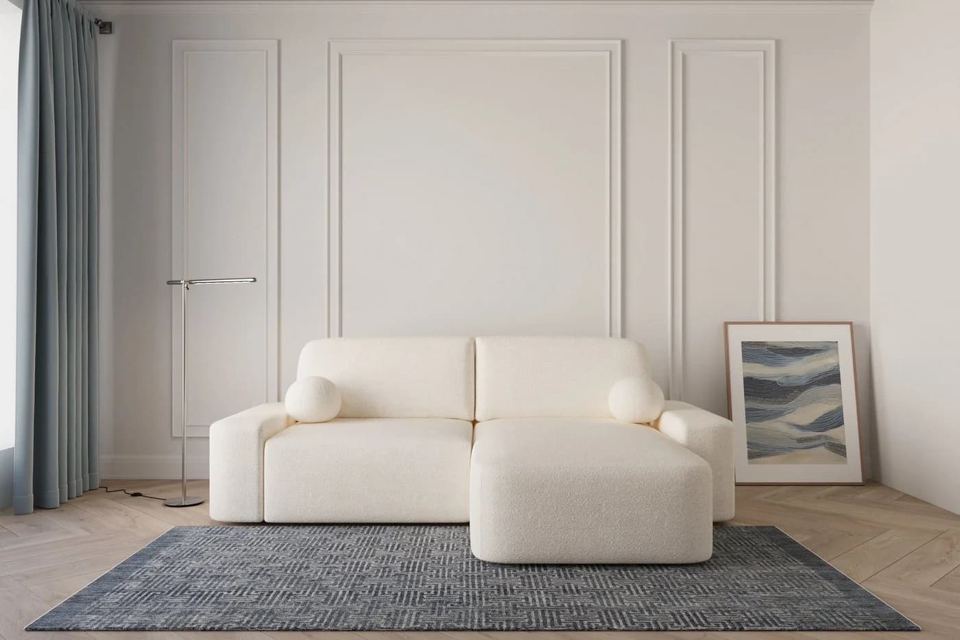MOEBLO Ecksofa Lisbon Bouclé Beige L-Form mit Schlafsofa und Bettkasten