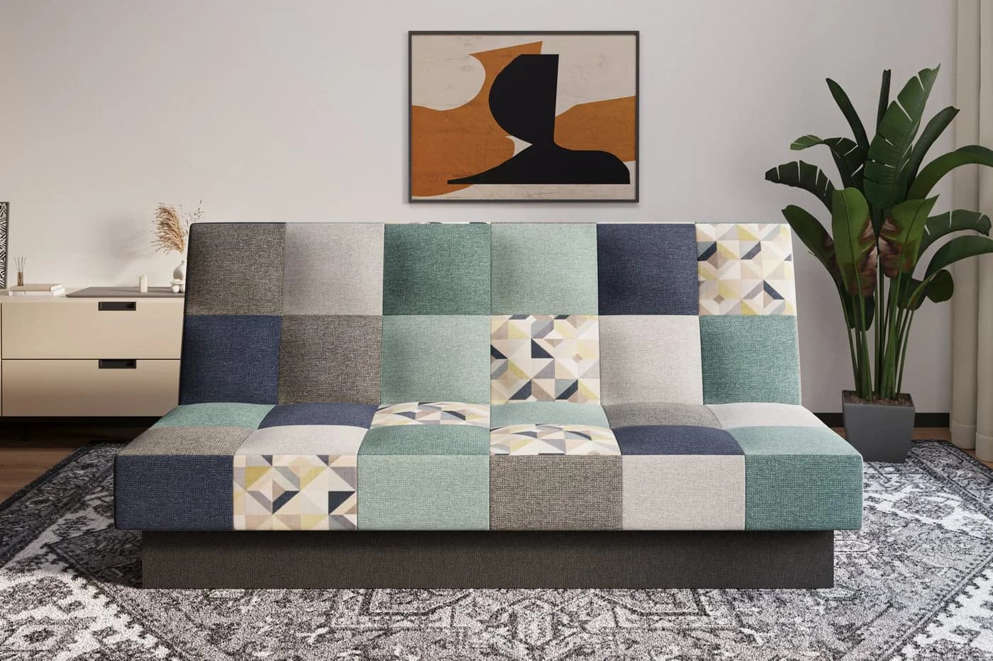 MOEBLO Schlafsofa CYPRUS Patchwork Blau/Grau mit Schlaffunktion