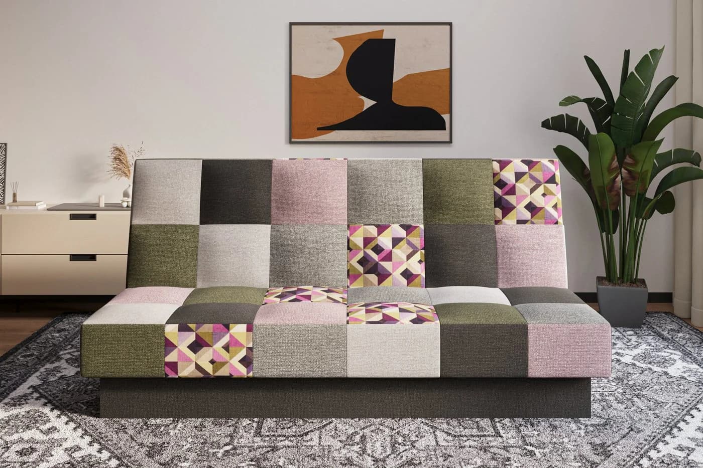 MOEBLO Schlafsofa CYPRUS Patchwork Rosa/Oliv mit Schlaffunktion