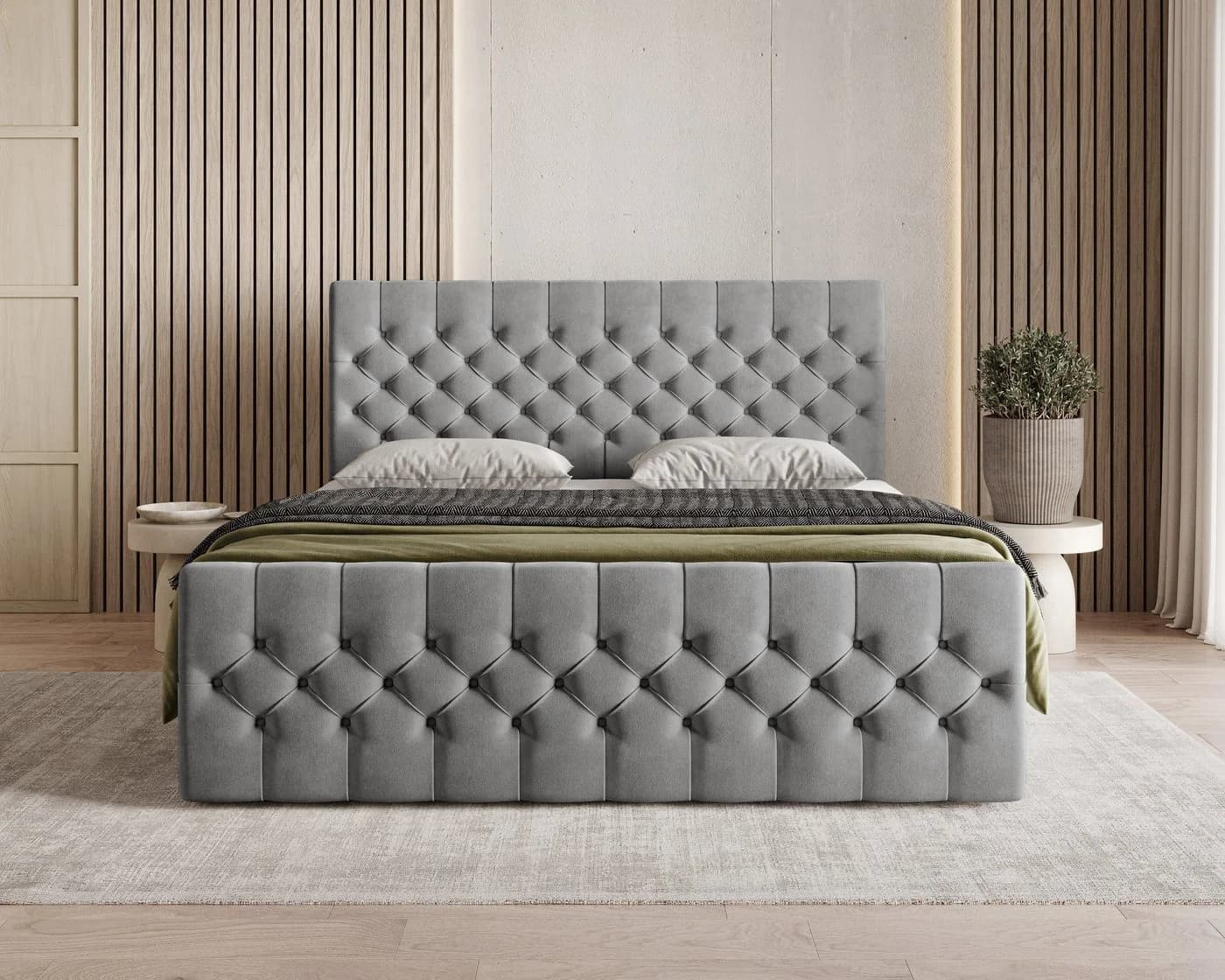MOEBLO Boxspringbett 160x200 cm Chesterfield Velours grau mit Bettkasten