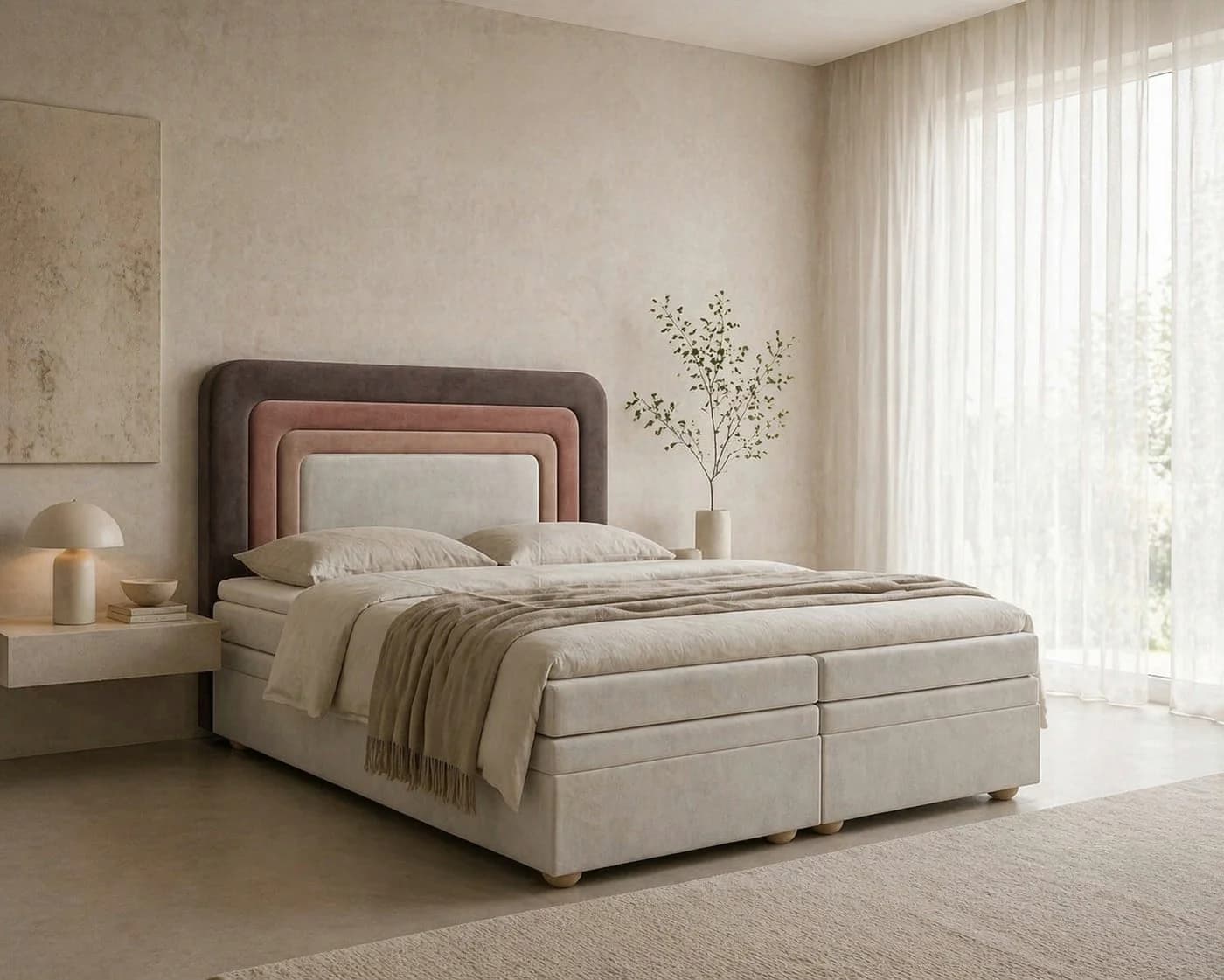 MOEBLO Boxbett NEST mit Bettkasten und gepolstertem Kopfteil Taupe Beige