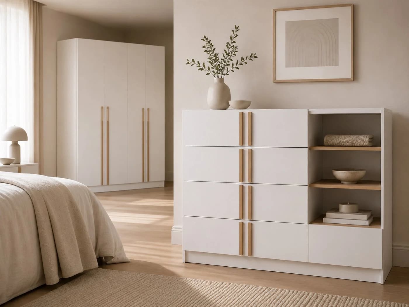 MOEBLO Kommode Glamy Wood 5S Weiß mit Holzgriffen