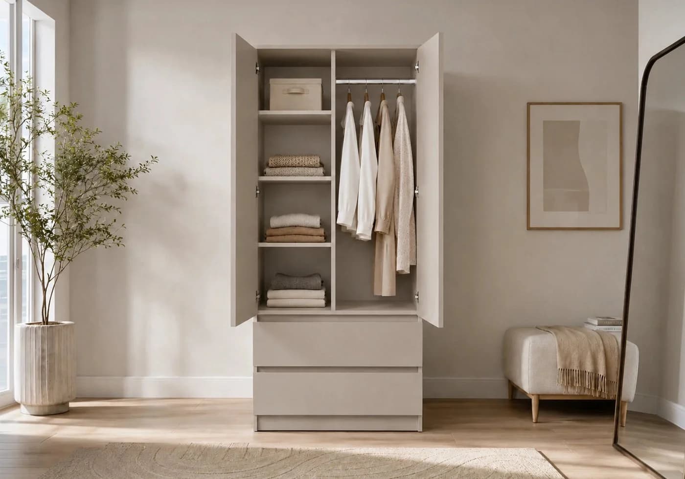 MOEBLO LOSKO 2D2S Kleiderschrank 90 cm Weiß/Beige Modern