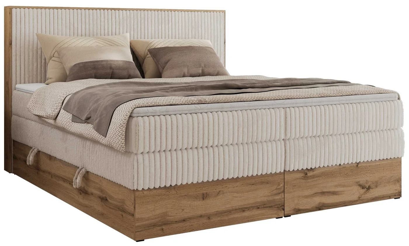 MKS MÖBEL Boxspringbett WOOD CLASSIC KING mit Kopfteil und Bettkästen