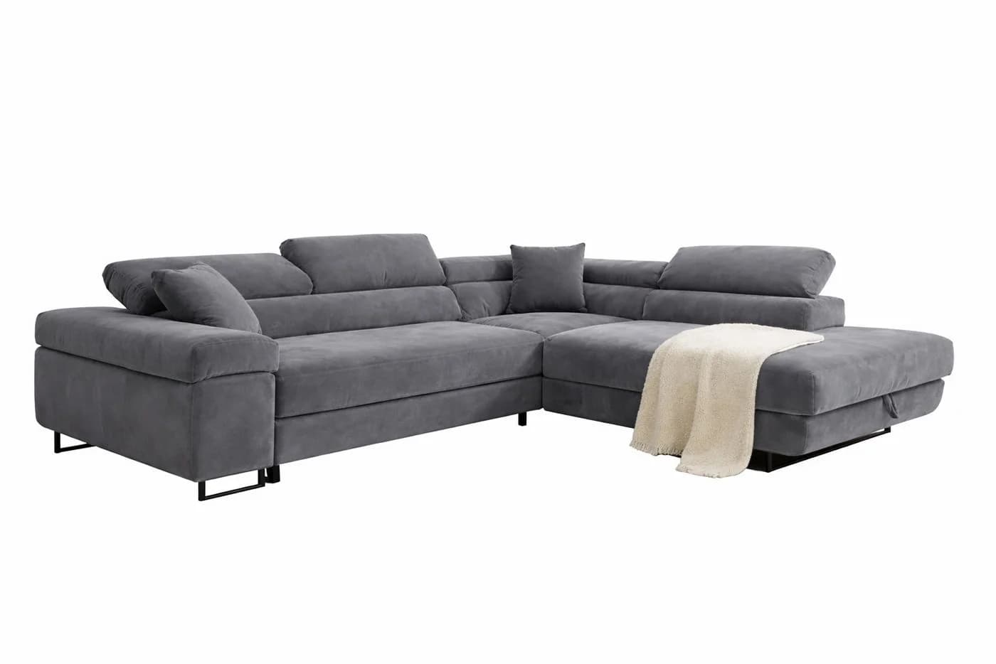Labett Ecksofa GUERO mit Schlaffunktion & Bettkasten Grau Samt
