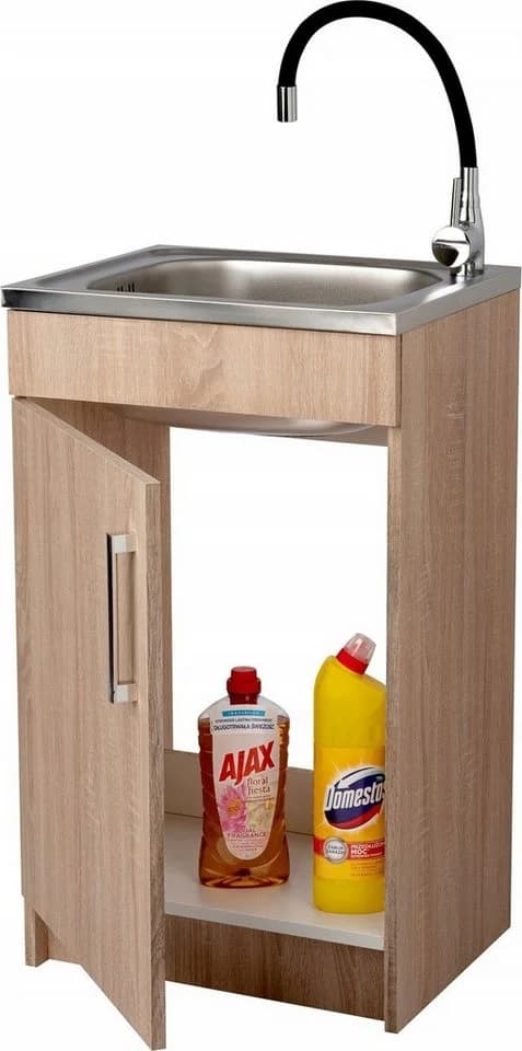 STAMAR Spülenschrank Küchenschrank 50cm Sonoma Spüle Edelstahl Armatur Schwarz