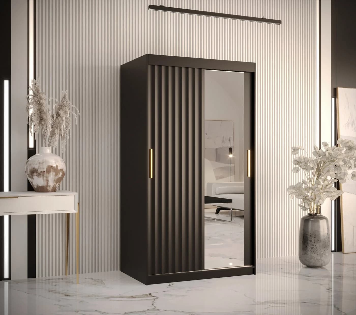 ABIKS MÖBEL Schwebetürenschrank RIFLO WAVE 2 Schwarz mit Spiegel