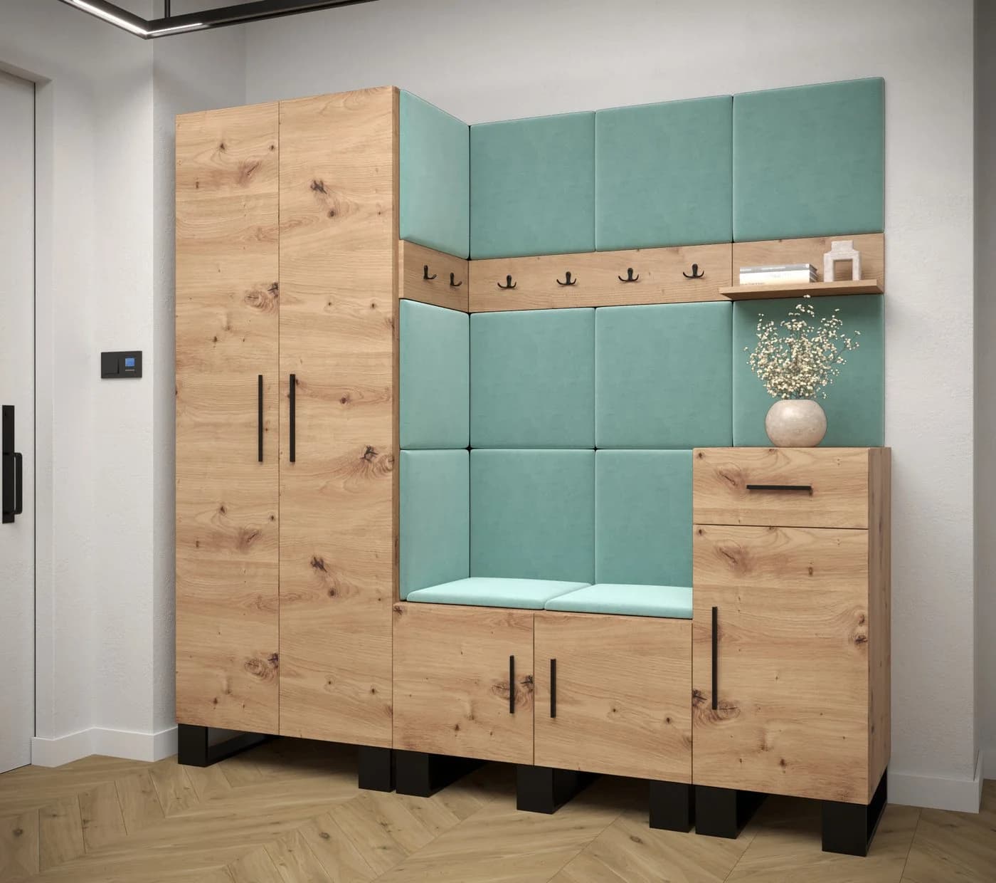 ABIKS MÖBEL Garderoben-Set ARTIN mit Polsterpaneelen Industriell Design Eiche