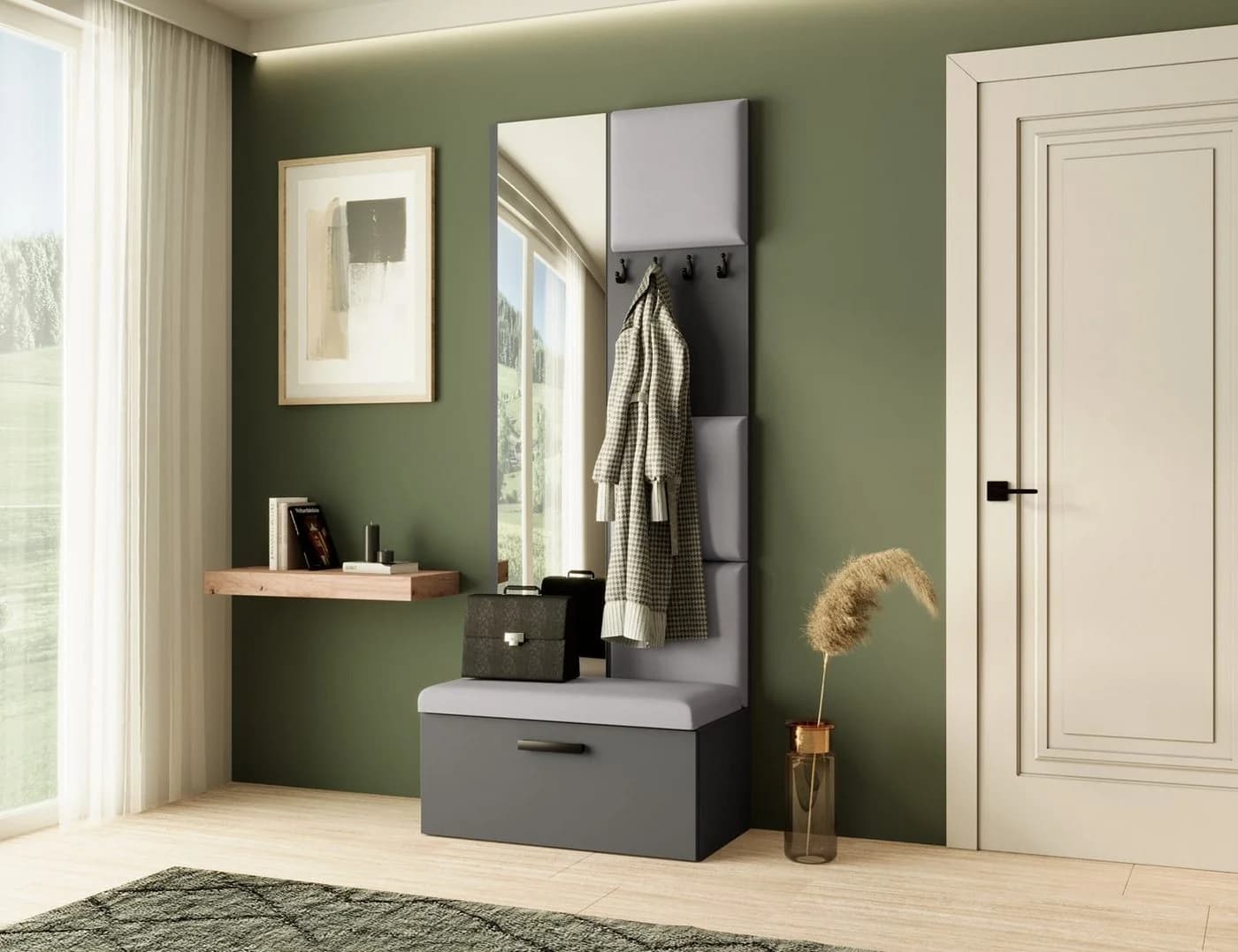 Beautysofa Garderobenschrank MARGARET III mit Spiegel und Sitzbank grau