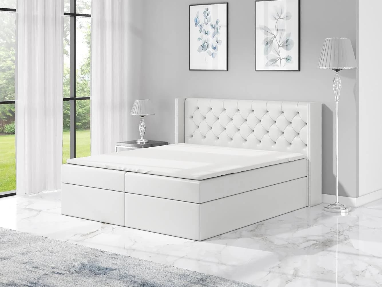A&J MöbelLand Boxspringbett ASTA mit Bettkasten, Matratze & Topper Weiss