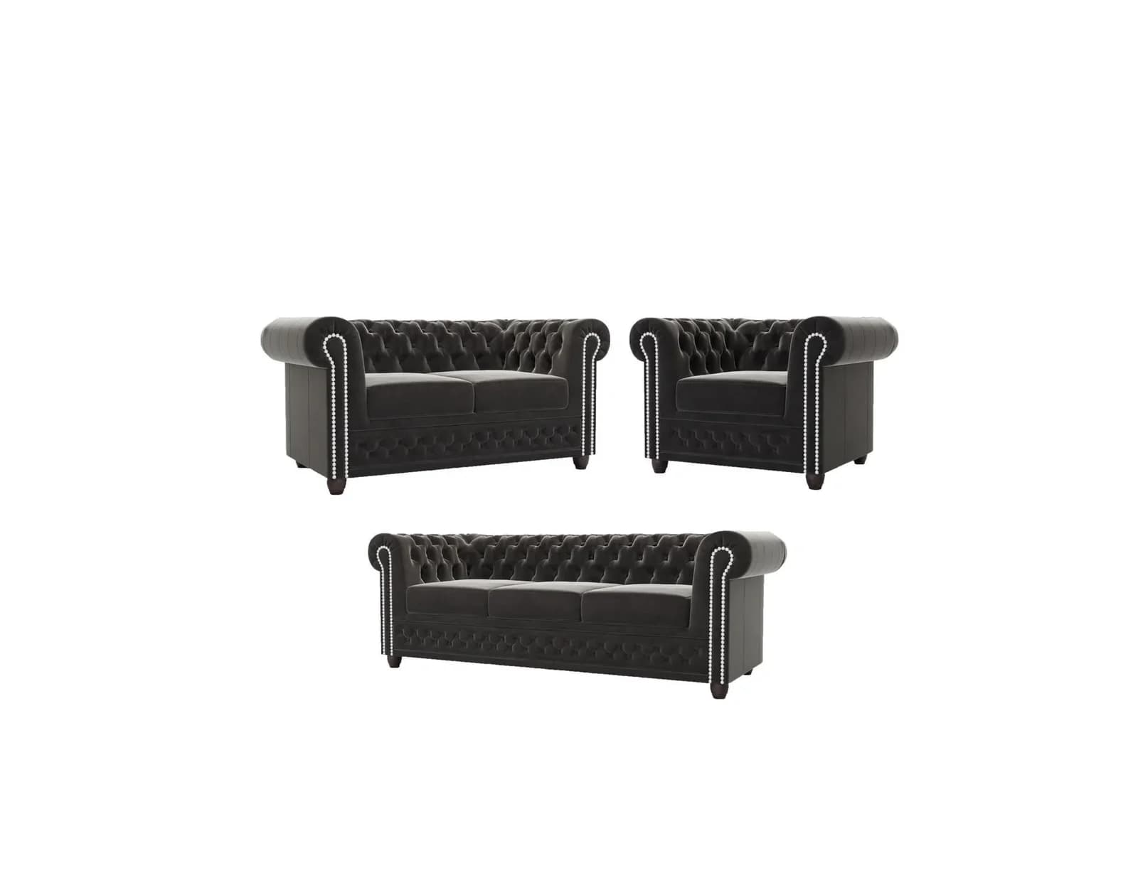 Chesterfield Sitzgarnitur Nyx 3+2+1 Schwarz Samt mit Schlaffunktion