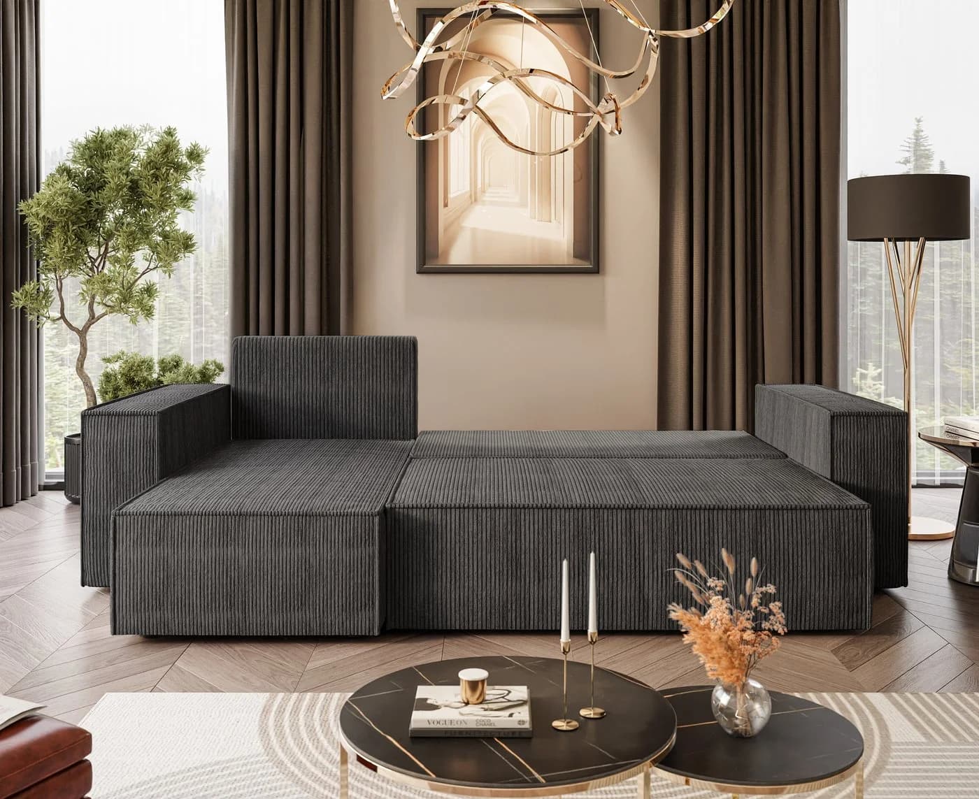 Lookway Ecksofa CARLOS L-Form Dunkelgrau mit Schlaffunktion und Bettkasten