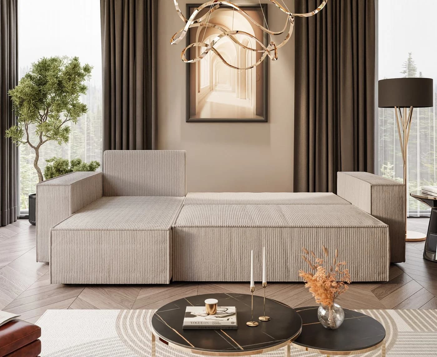 Lookway Ecksofa CARLOS L-Form Cord-Stoff Beige mit Schlaffunktion